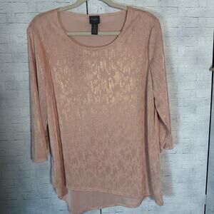 Chico’s Womens traveler top pink gold 3/4 sleeve asymmetrical TradMom travel